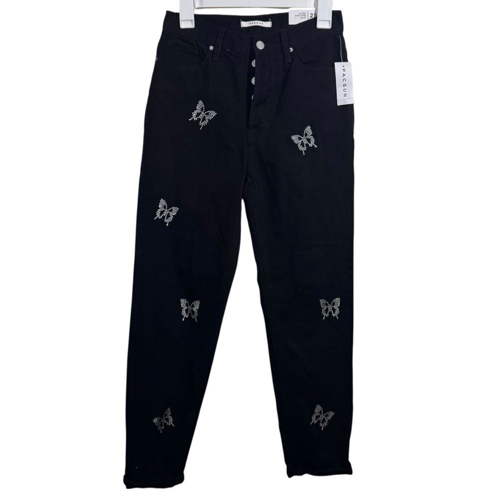 NWT Pacsun Black Bow Rhinestone Ultra High Rise Slim Jeans